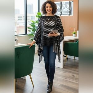 Max Edition Asymmetrica Poncho Women's L/XL Black &Grey Woven Waffle Knit Fringe